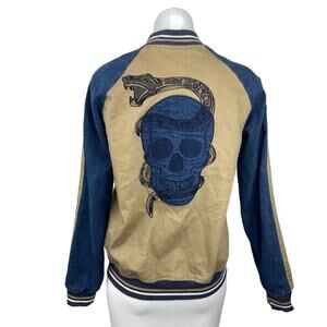 Epic Threads Motorcycle Moto Denim Skull Embroidery Zip Up Bomber Jacket Size L